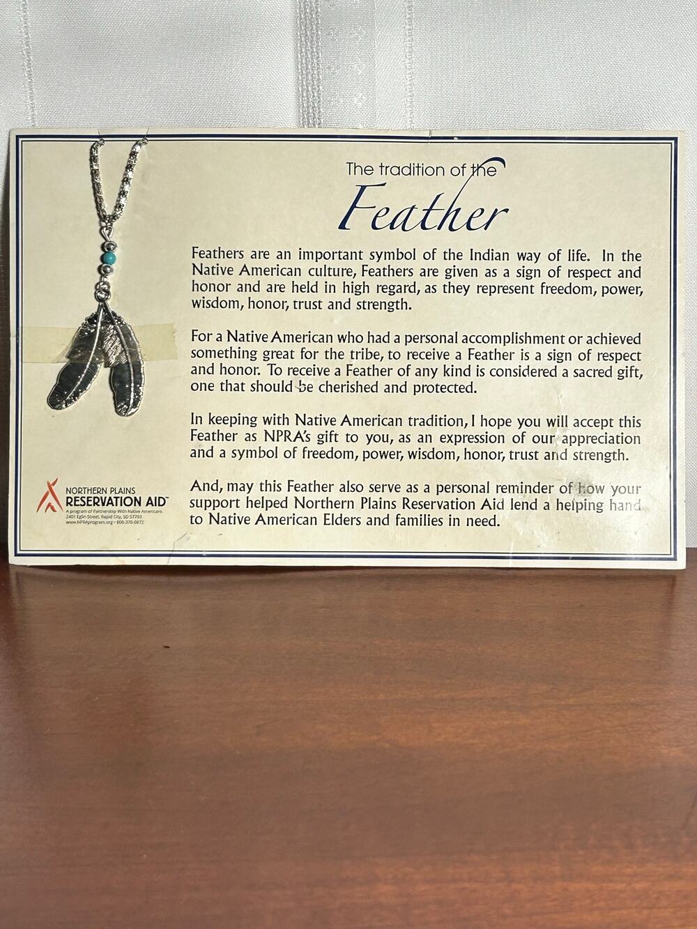 Silver Tone Feather Turquoise Necklace w/ Tradition of the Feather Story Card